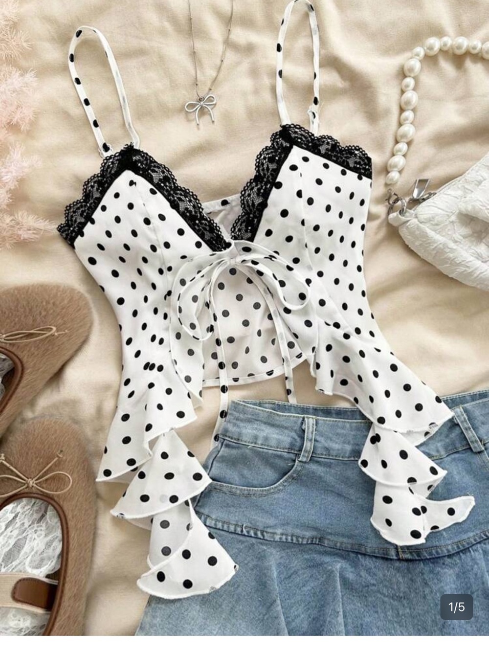 SHEIN Polka Dot Lace-Trim White & Black Spaghetti Strap Top